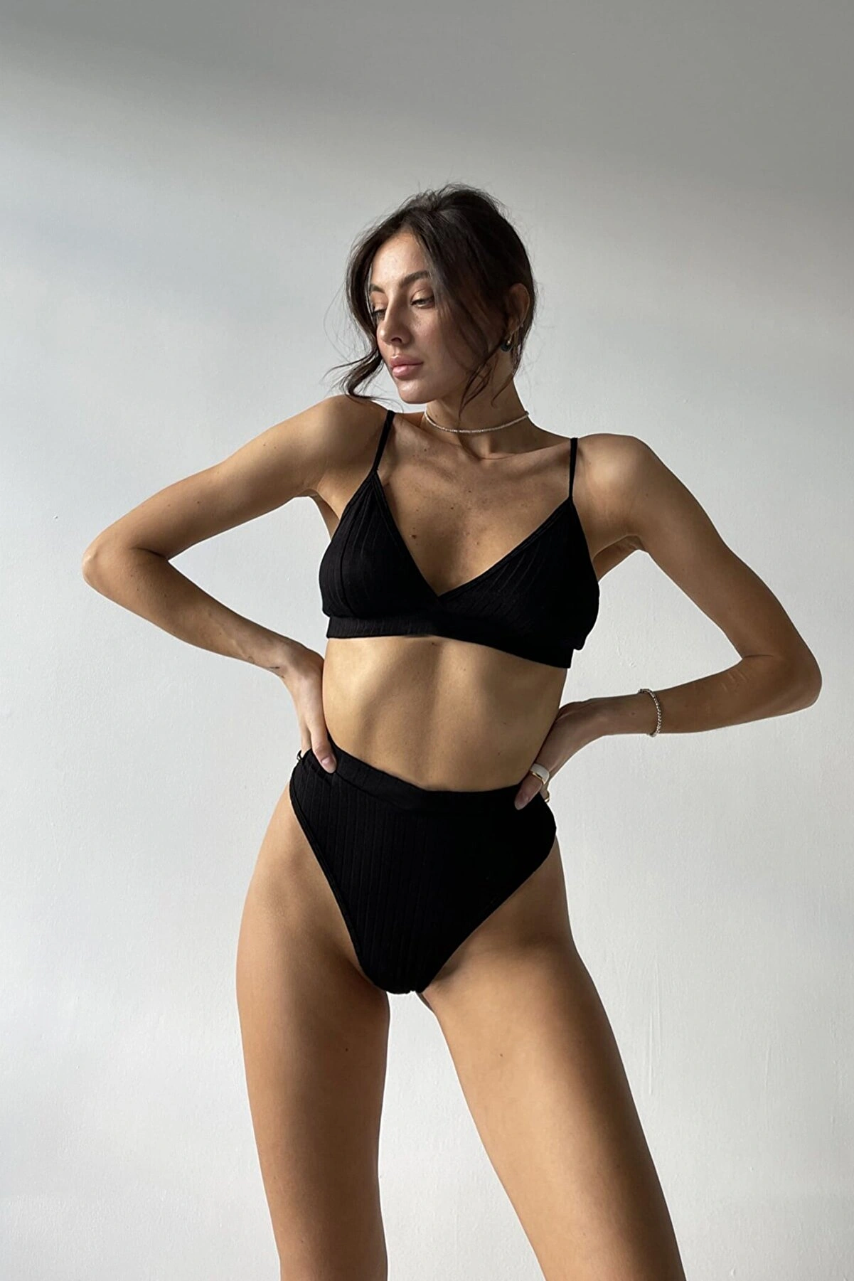 Kadın Siyah Yüksek Bel Dolgusuz Slip Takım