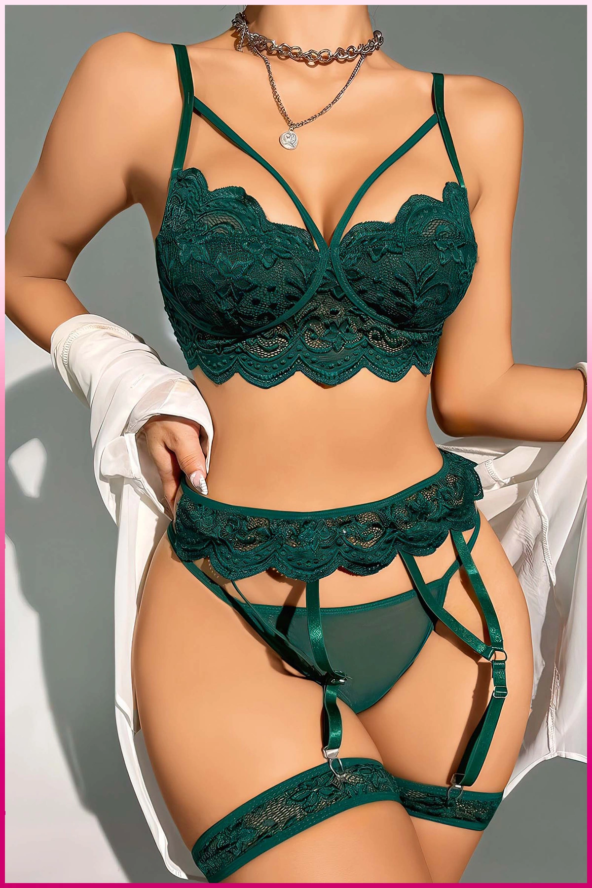 Kadın Yeşil Dantel Detaylı Jartiyer Takım