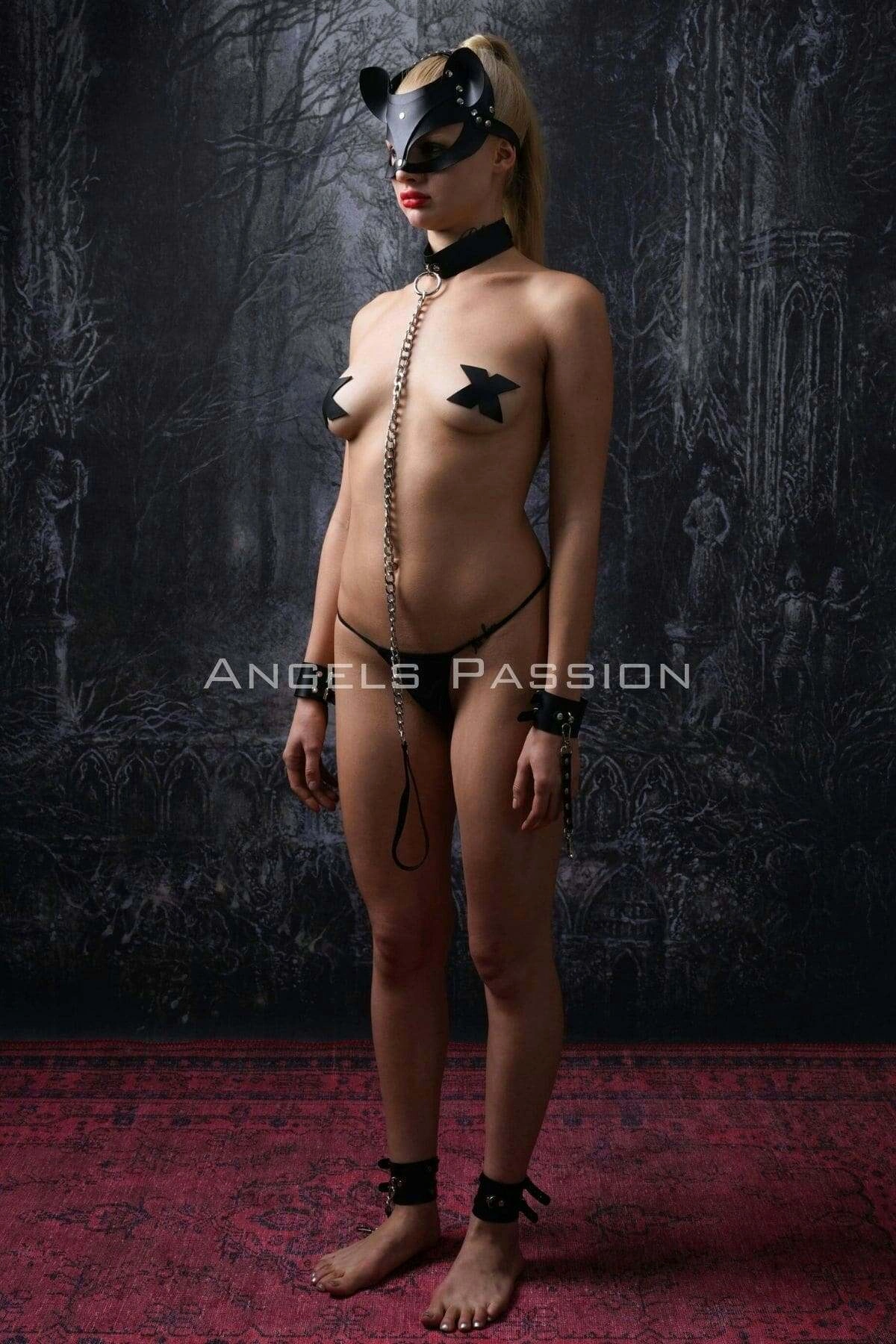 Kedi Maskeli El Ve Ayak Kelepçeli - Tasmalı Fantazi Slave Set - Brf1341