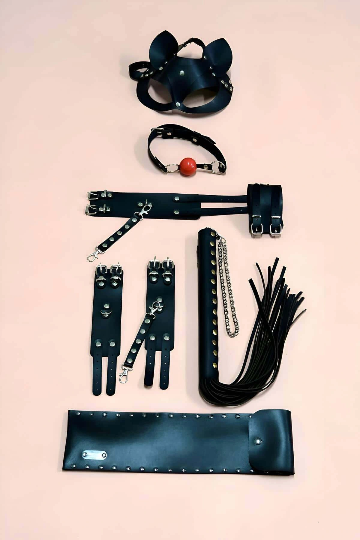 Kelepçe Kırbaç Set, 5li Set, El - Ayak Kelepçesi, Maske, Ağız Topu - Brf1307