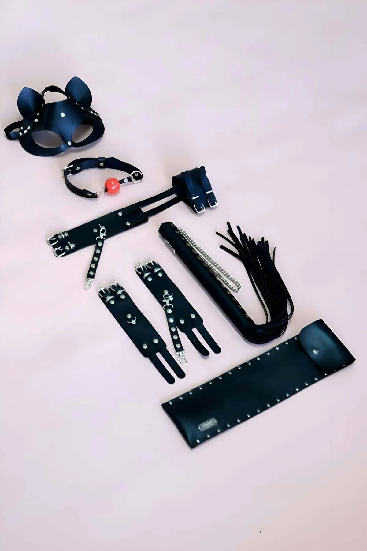 Kelepçe Kırbaç Set, 5li Set, El - Ayak Kelepçesi, Maske, Ağız Topu - Brf1307