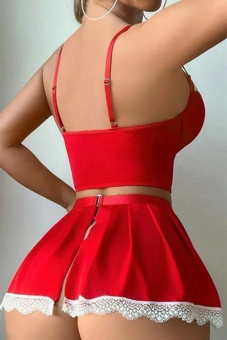 Kırmızı Beyaz Bacak Aksesuarlı Büstiyerli Fantezi Hizmetçi Kostümü