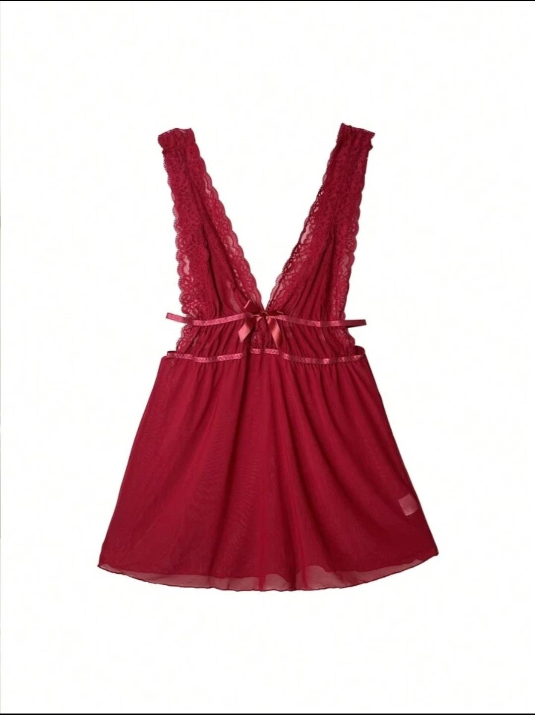 Kırmızı Dantel İşlemeli Tül Fantezi Gecelik