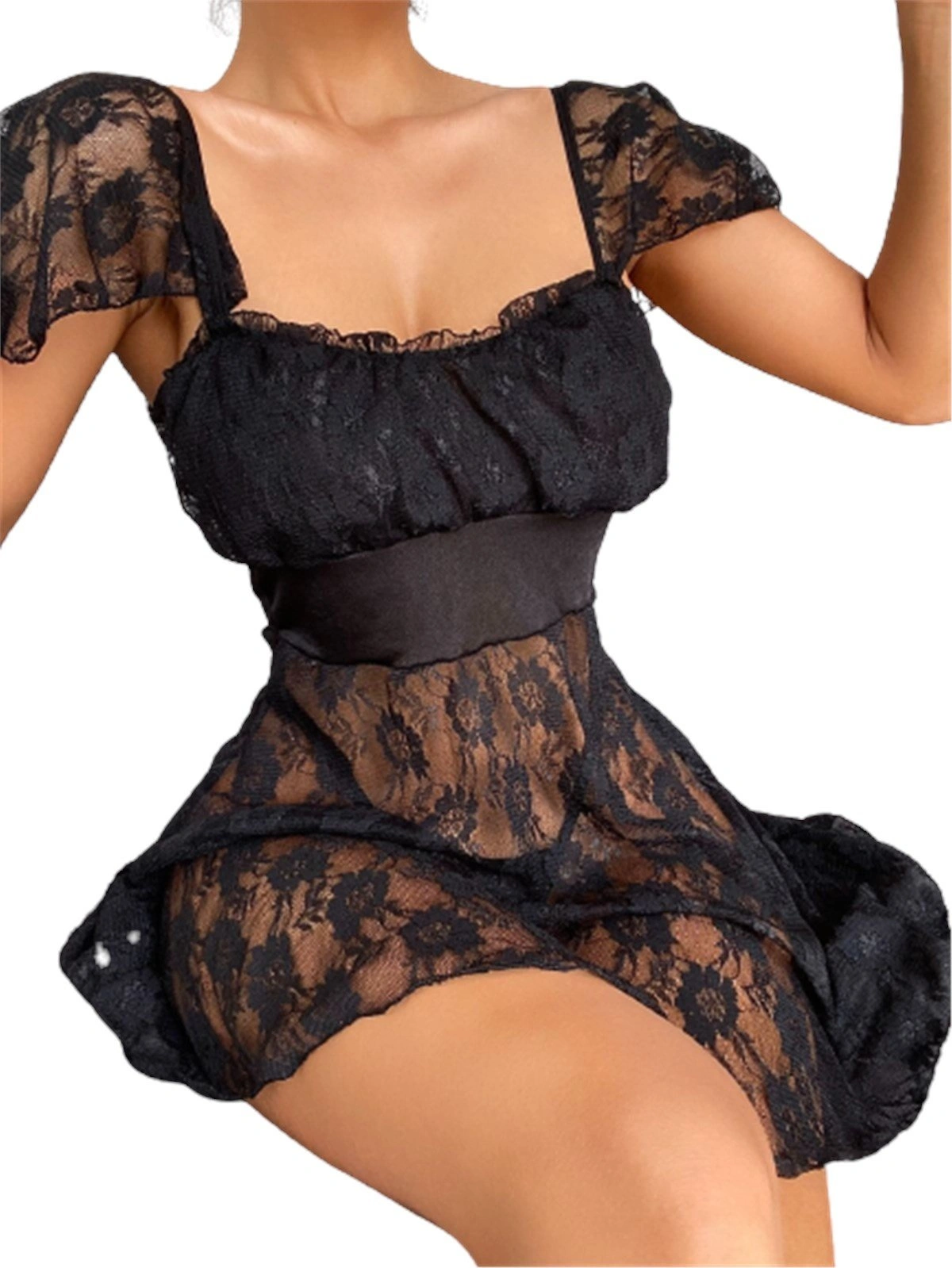 Lesca Alt Kısmı Tül Üst Kısmı Jarse Mini Fantazi Gecelik