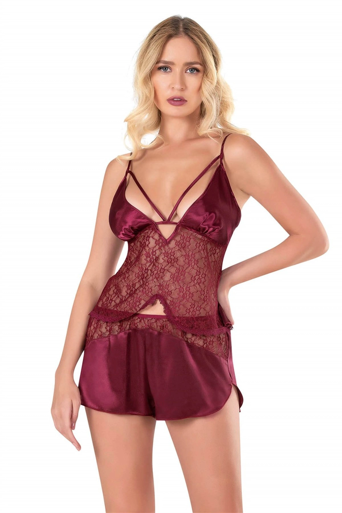 Lesca  Bordo Saten Babydoll Şort Takımı