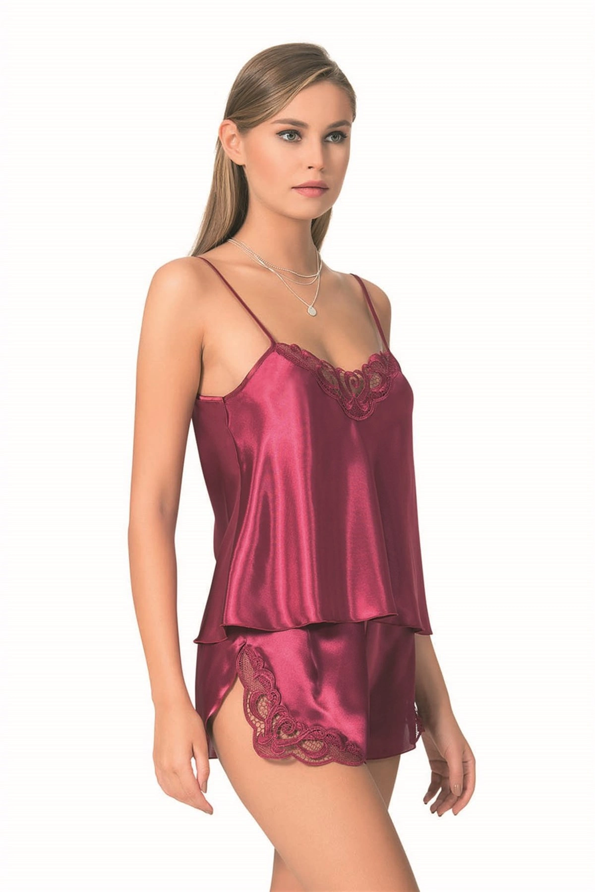 Lesca  Bordo Saten Babydoll Şort Takımı