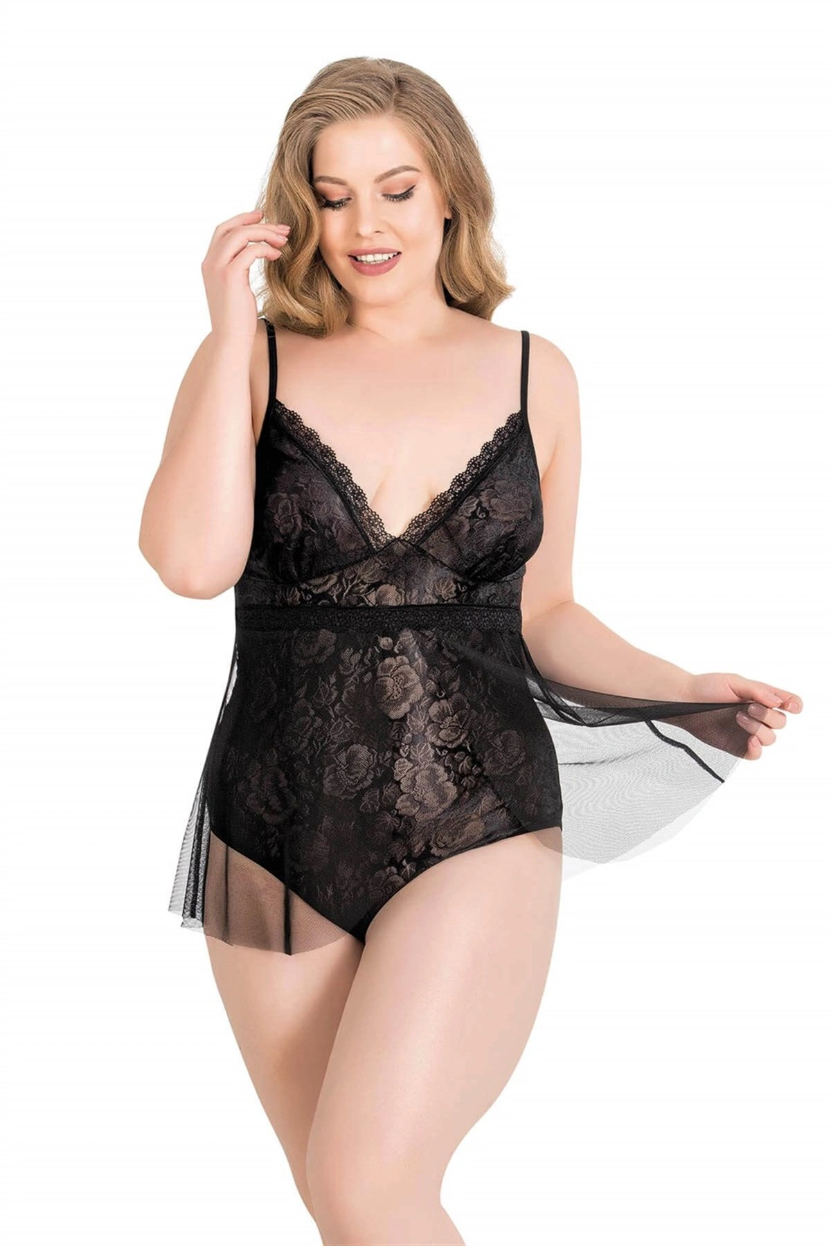 Lesca  Büyük Beden Siyah Bodysuit Jakarlı Gecelik