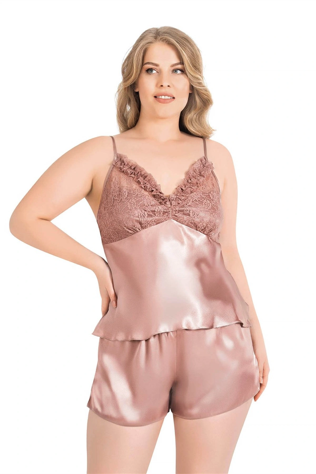 Lesca  Büyük Beden Vizon Saten Babydoll Şort Takımı