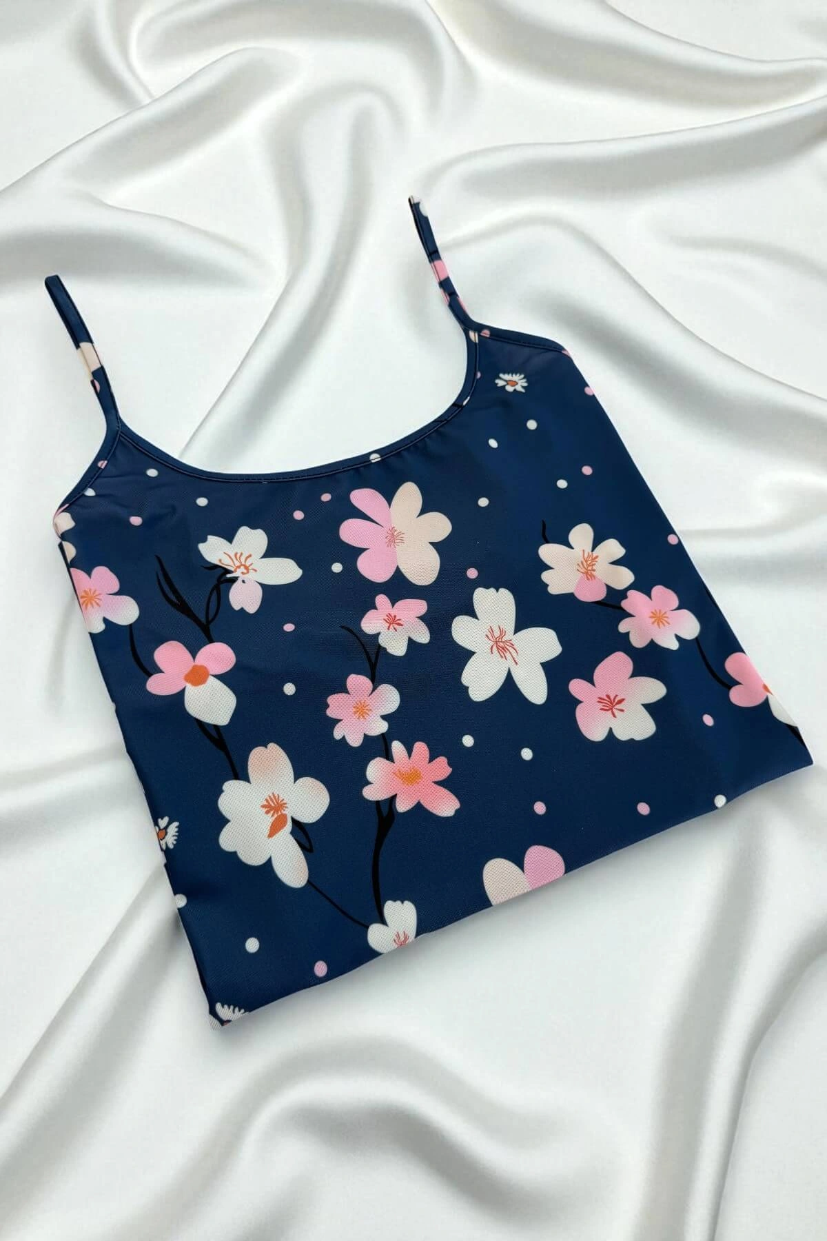 Lesca Çiçek Desenli Mavi Askılı Gecelik