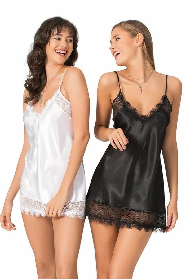 Lesca Ekru Kısa Saten Gecelik