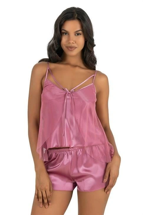 Lesca Gül Kurusu Saten Şort Takımı