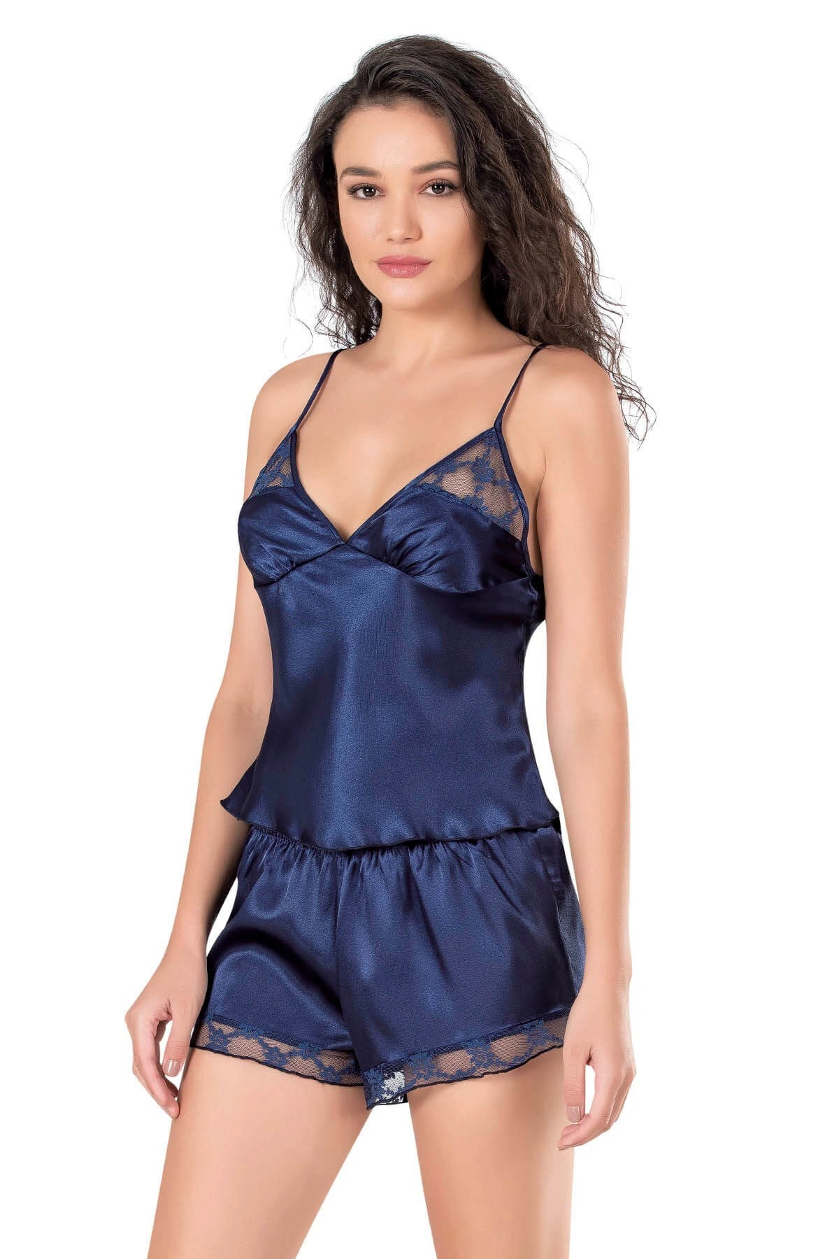 Lesca  Lacivert Saten Babydoll Şort Takımı