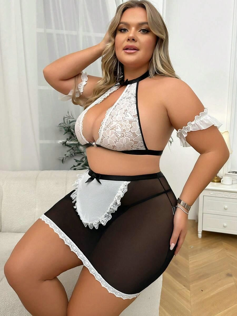 Özel Tasarım Büyük Beden Dantelli Fantezi Hizmetçi Kostümü