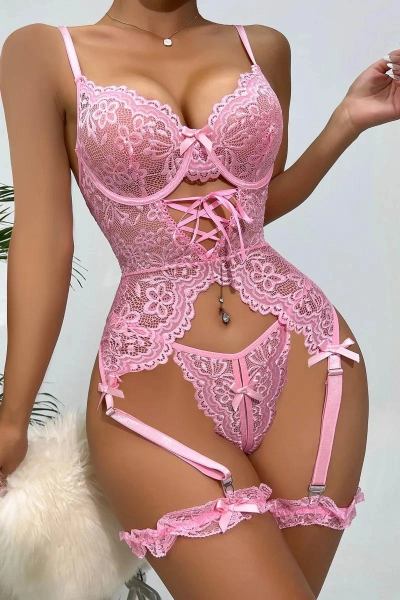 Özel Tasarım Dantelli Fantezi Pembe Jartiyer Takımı