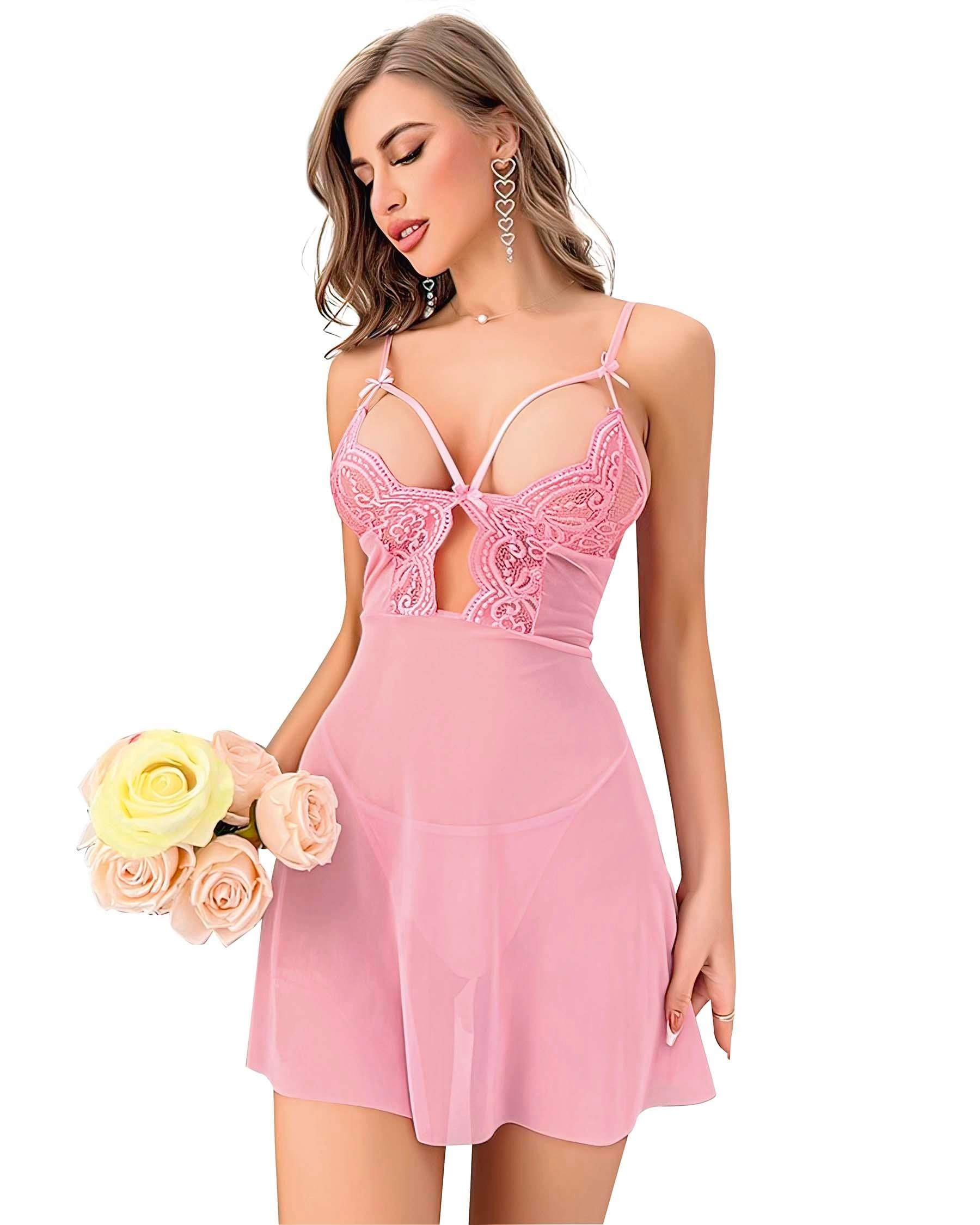 Pembe Dantel İşlemeli Göğüs İp Detaylı Fantezi Tül Gecelik Takımı