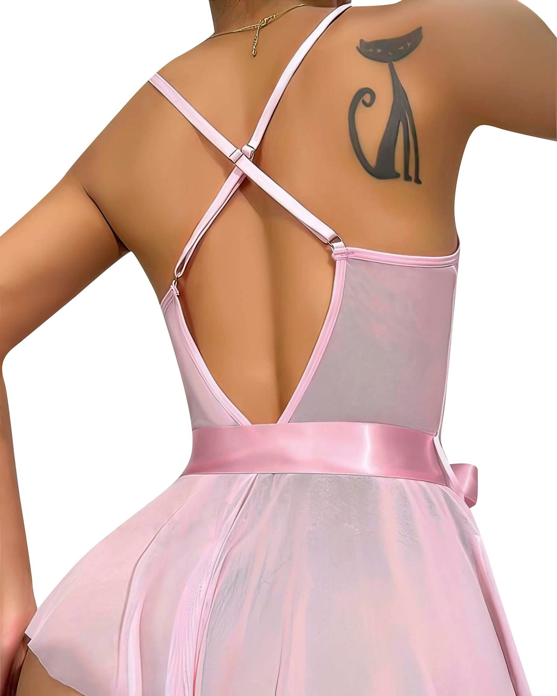 Pembe Dantel İşlemeli Kurdelalı Fantezi Tül Babydoll