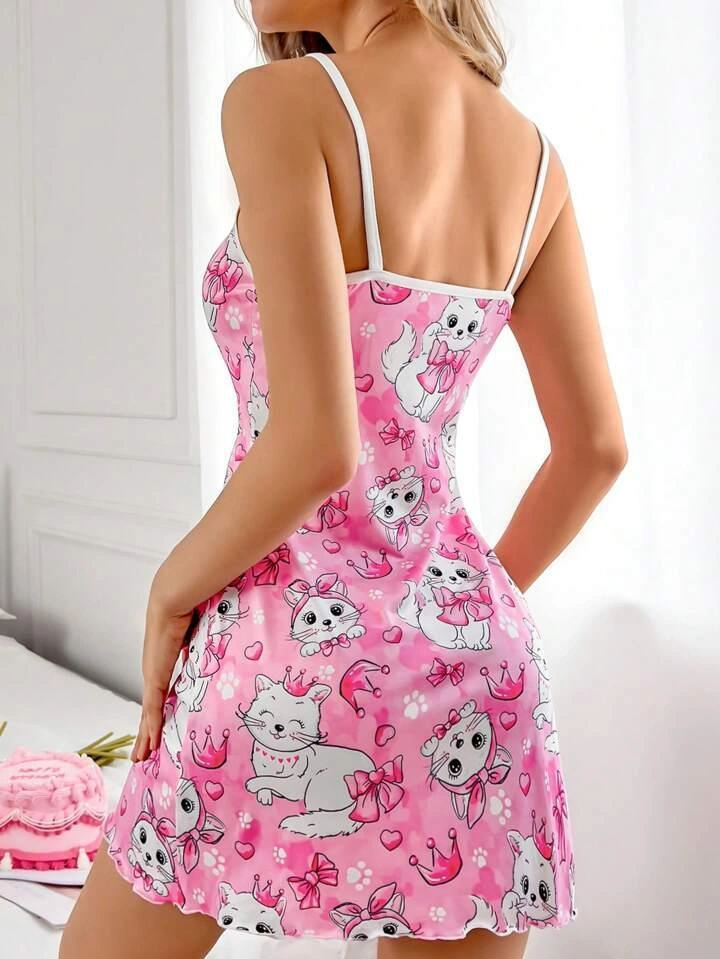 Pembe Kedi Desenli Fantezi Gecelik