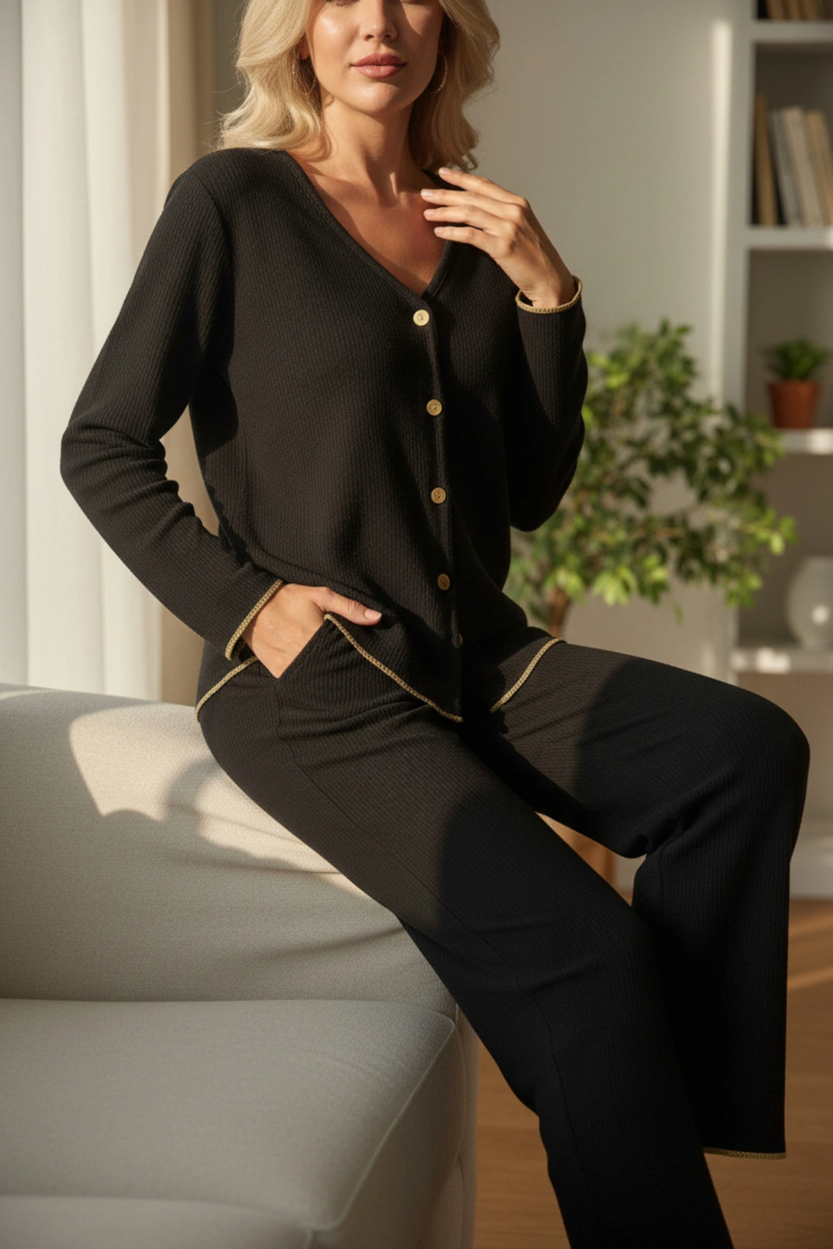 Premium Kadın Fitilli Pijama Takımı – Siyah Gold Biye Detaylı, Yumuşak Dokulu Ev Şıklığı