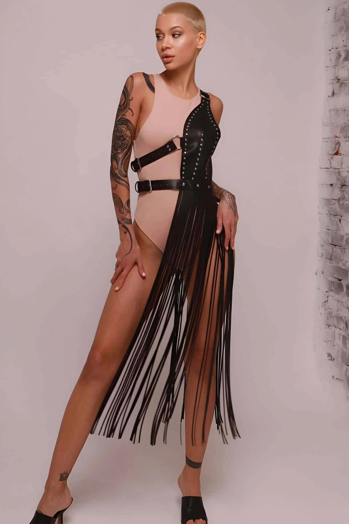 Püsküllü Deri Ceket Harness, Püsküllü Seksi Deri Harness - Brf1014