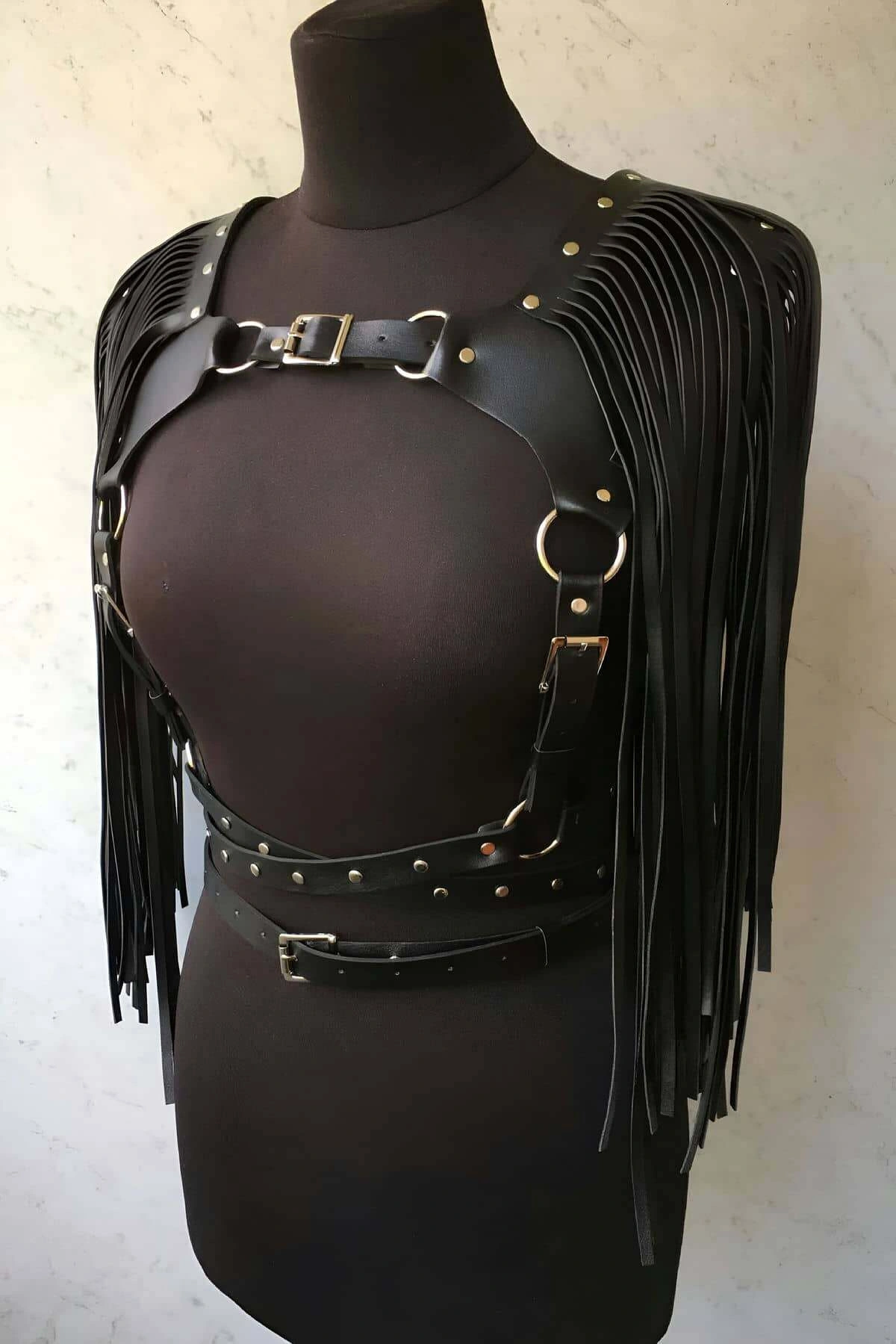 Püsküllü Deri Ceket Harness, Şık Deri Harness Ceket - Brf999