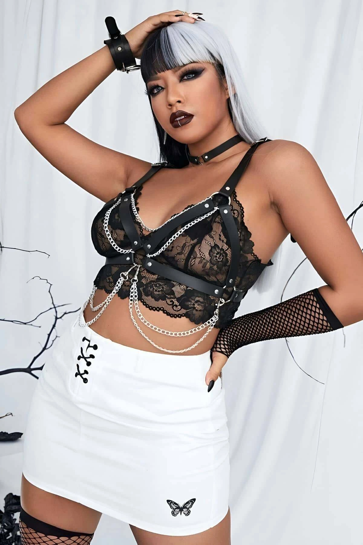 Şık Deri Zincirli Göğüs Tasma Ve Bileklik Takım Harness - Brf952