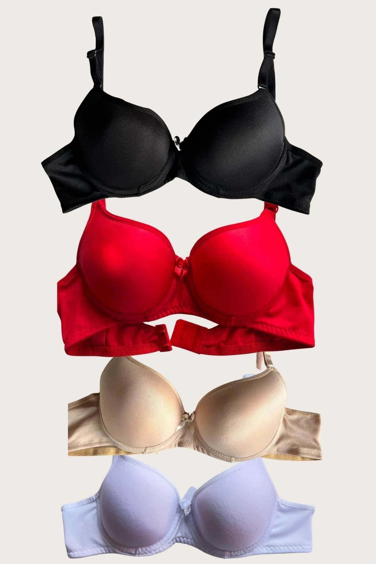 Siyah-beyaz-kırmızı-ten 4lü Dolgulu Push Up Micro Balenli Günlük Tek Destekli Sütyen