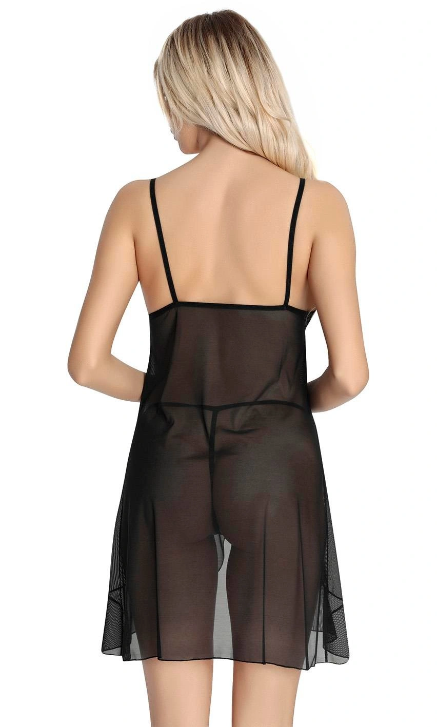 Siyah Dantel İşlemeli Göğğüs İp Detaylı Fantezi Tül Gecelik