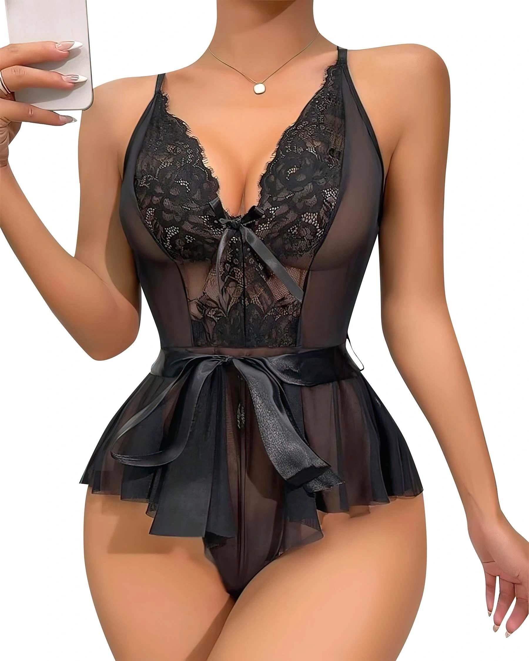 Siyah Dantel İşlemeli Kurdelalı Fantezi Tül Babydoll