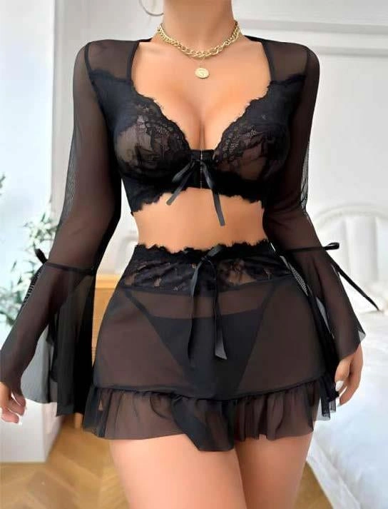 Siyah Dantelli Etekli Fantezi Tül Bolero Sütyen Takım