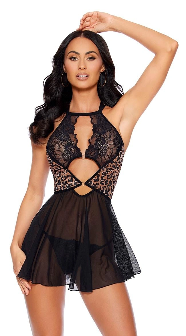 Siyah Leopar Desenli Dantel İşlemeli Tül Fantezi Gecelik