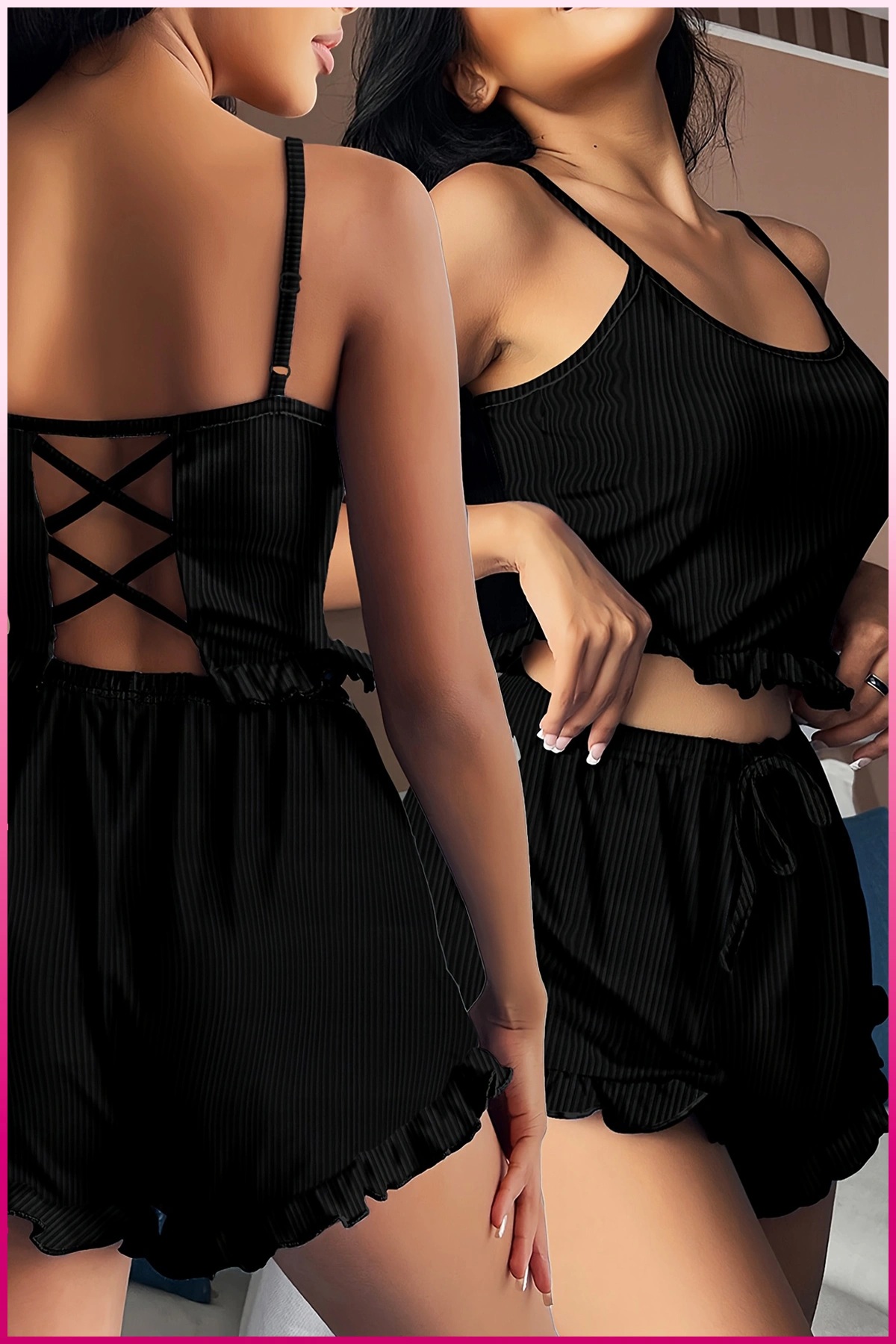 Siyah Mini Arkası Çapraz İpli Şortlu Pijamatakımı