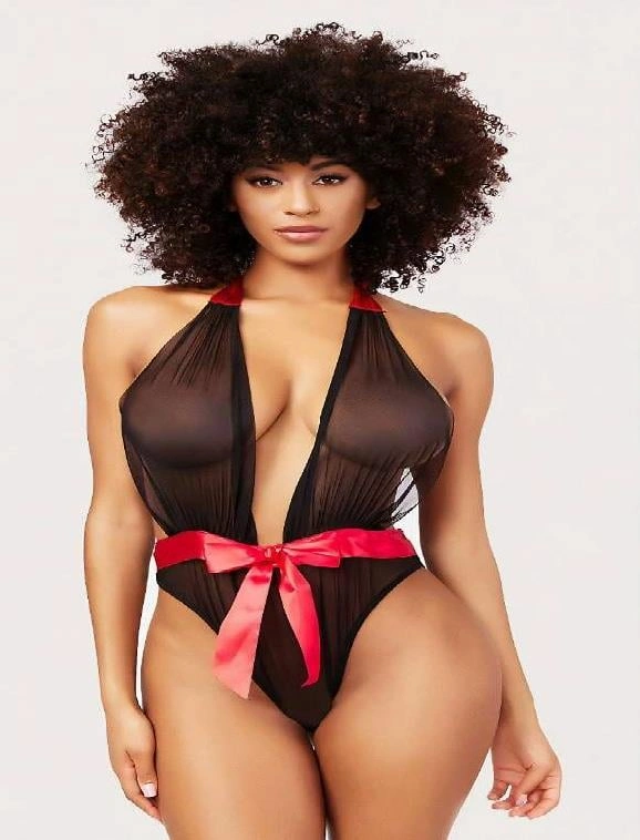 Siyah Transparan Tül Kırmızı Kurdelalı Fantezi Babydoll