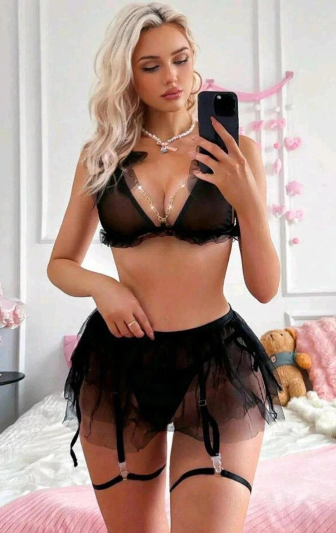 Transparan Siyah Zincir Detaylı Fantezi Tül Etekli Jartiyer Takımı