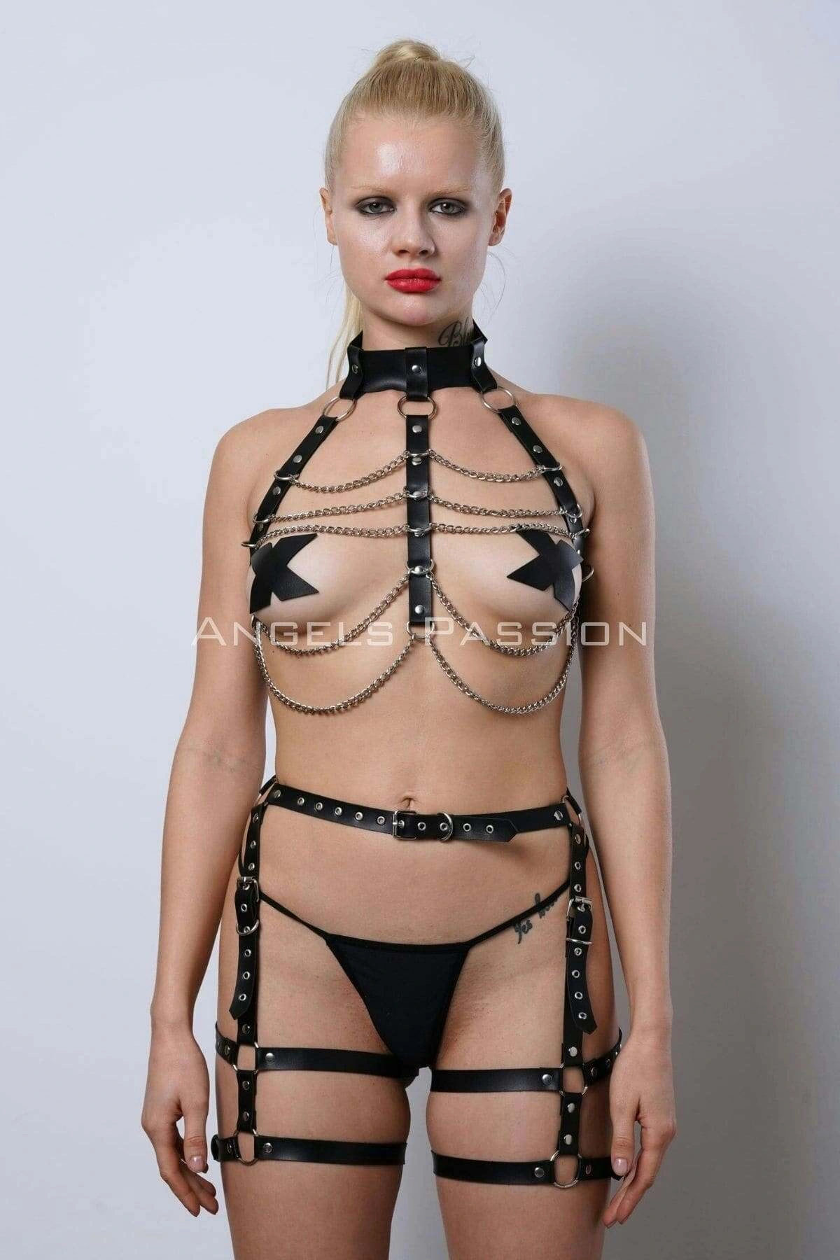 Zincir Detaylı Deri Jartiyer Harness Takım, Deri Zincirli Fantezi Takım - Brf1262