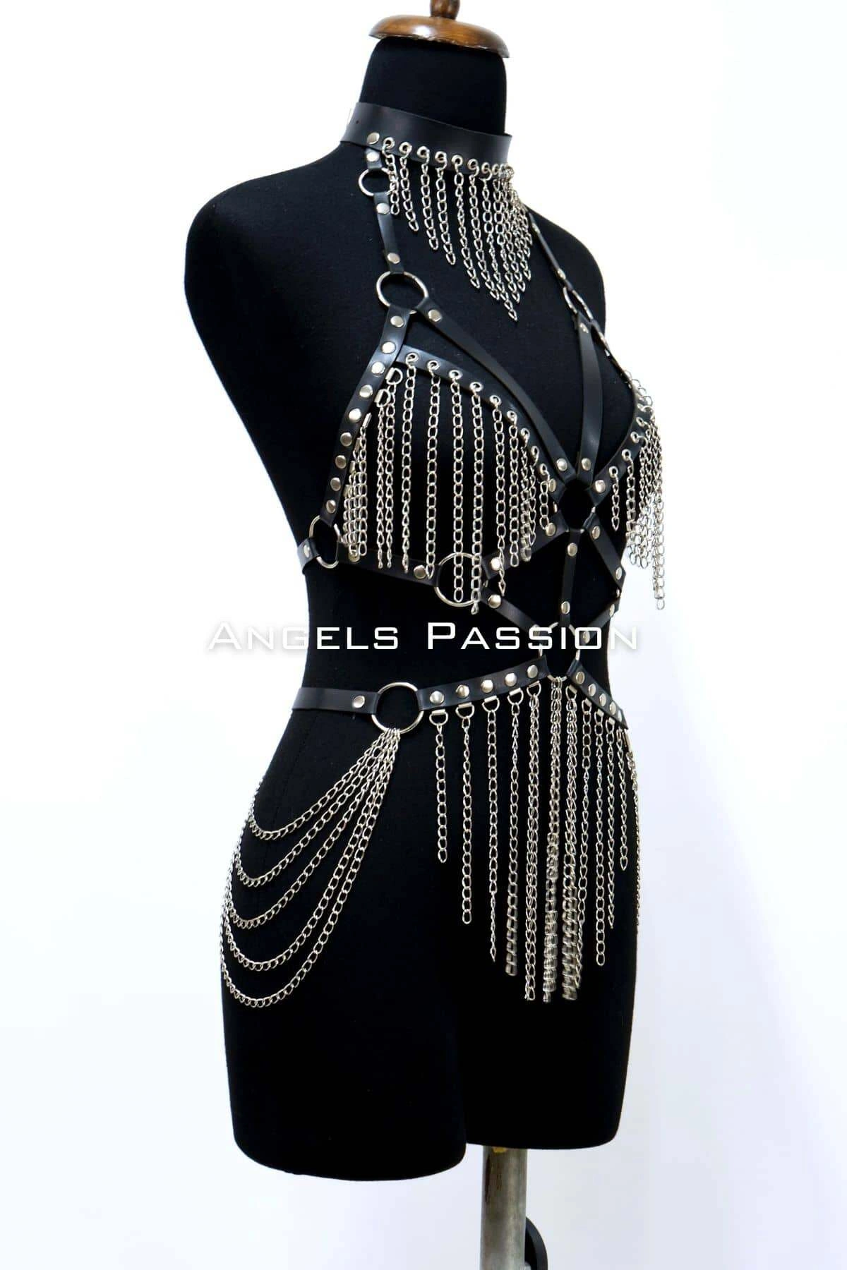 Zincirli Deri Harness, Deri Dansçı Kostüm, Choker Detaylı Deri Harness - Brf1397