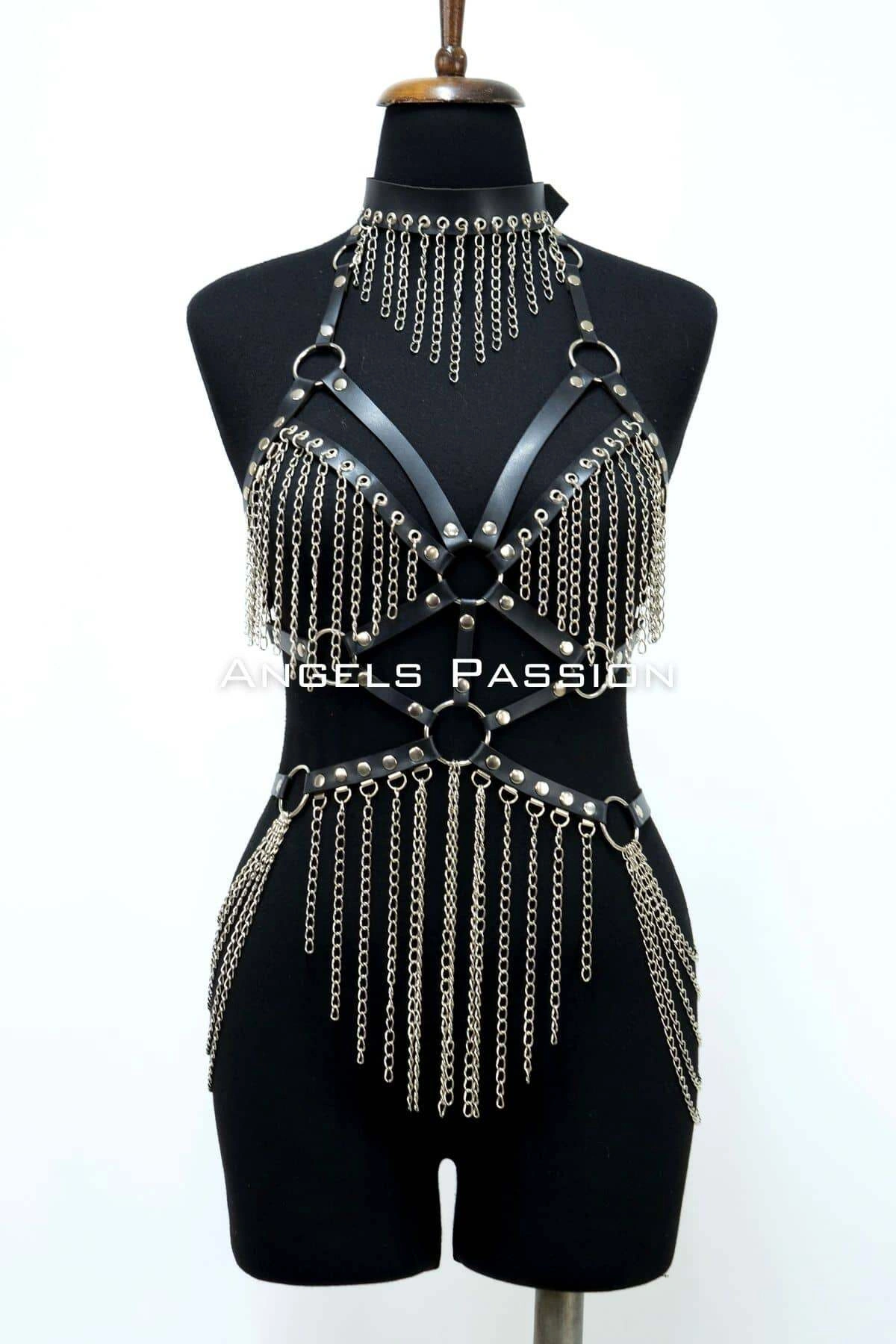 Zincirli Deri Harness, Deri Dansçı Kostüm, Choker Detaylı Deri Harness - Brf1397