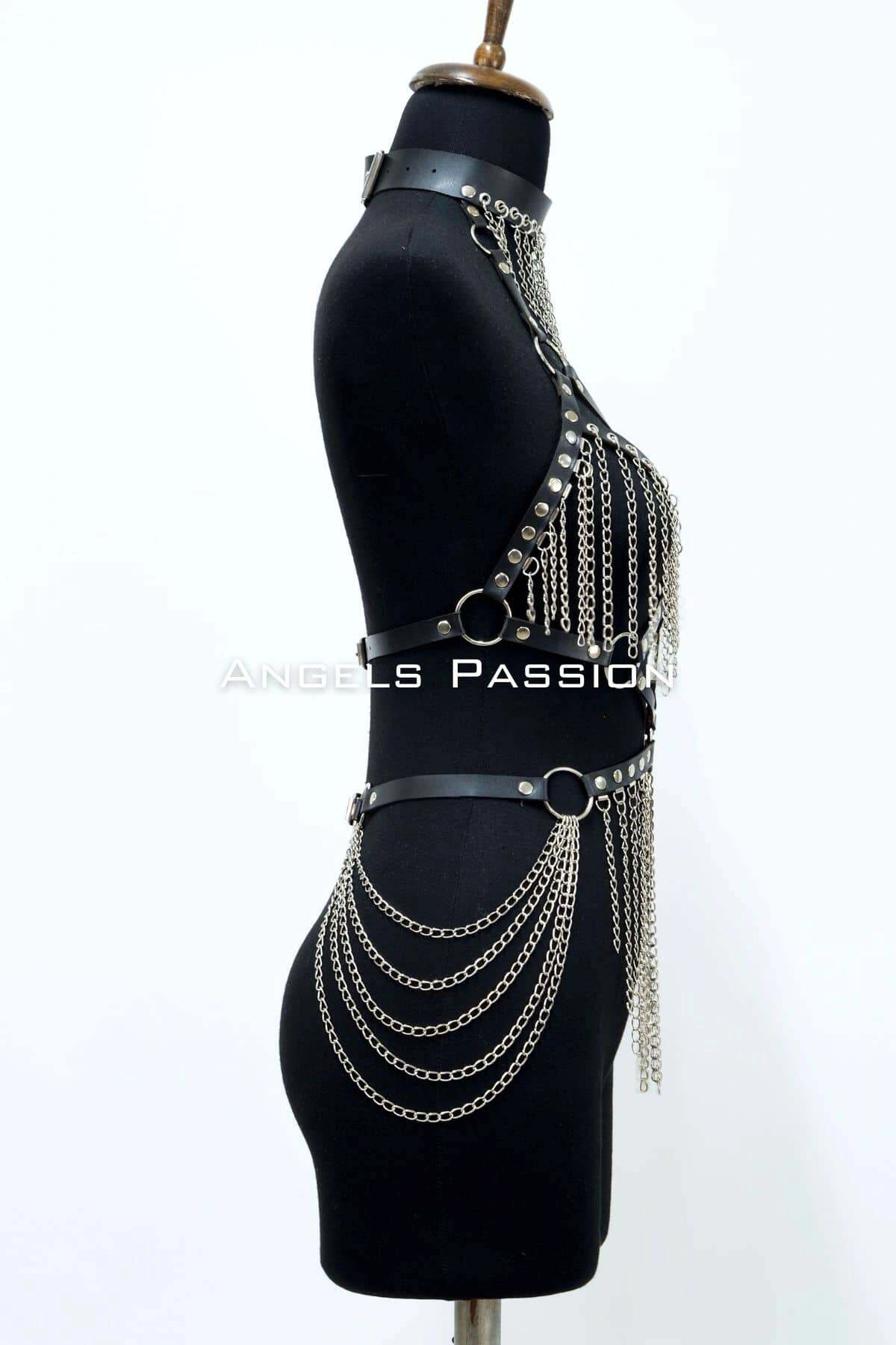 Zincirli Deri Harness, Deri Dansçı Kostüm, Choker Detaylı Deri Harness - Brf1397