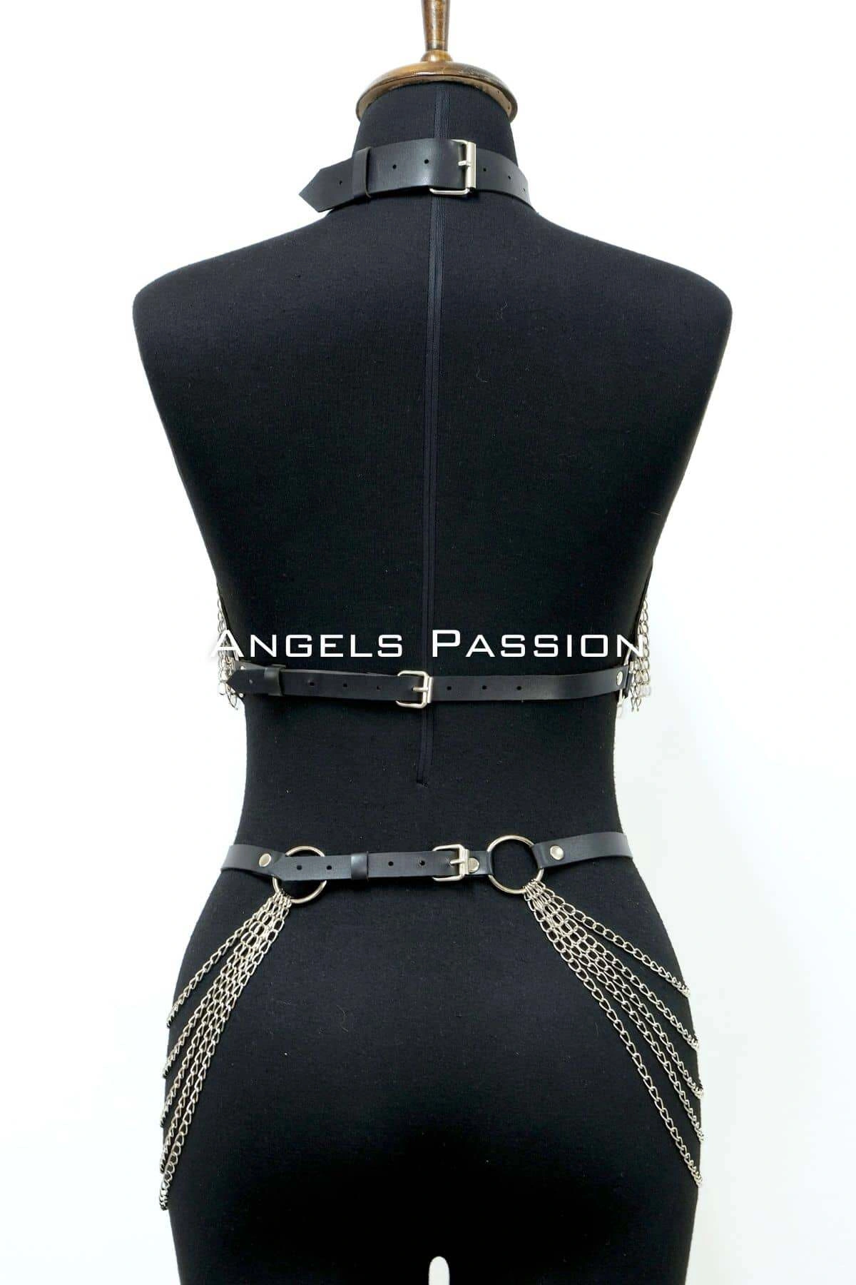 Zincirli Deri Harness, Deri Dansçı Kostüm, Choker Detaylı Deri Harness - Brf1397