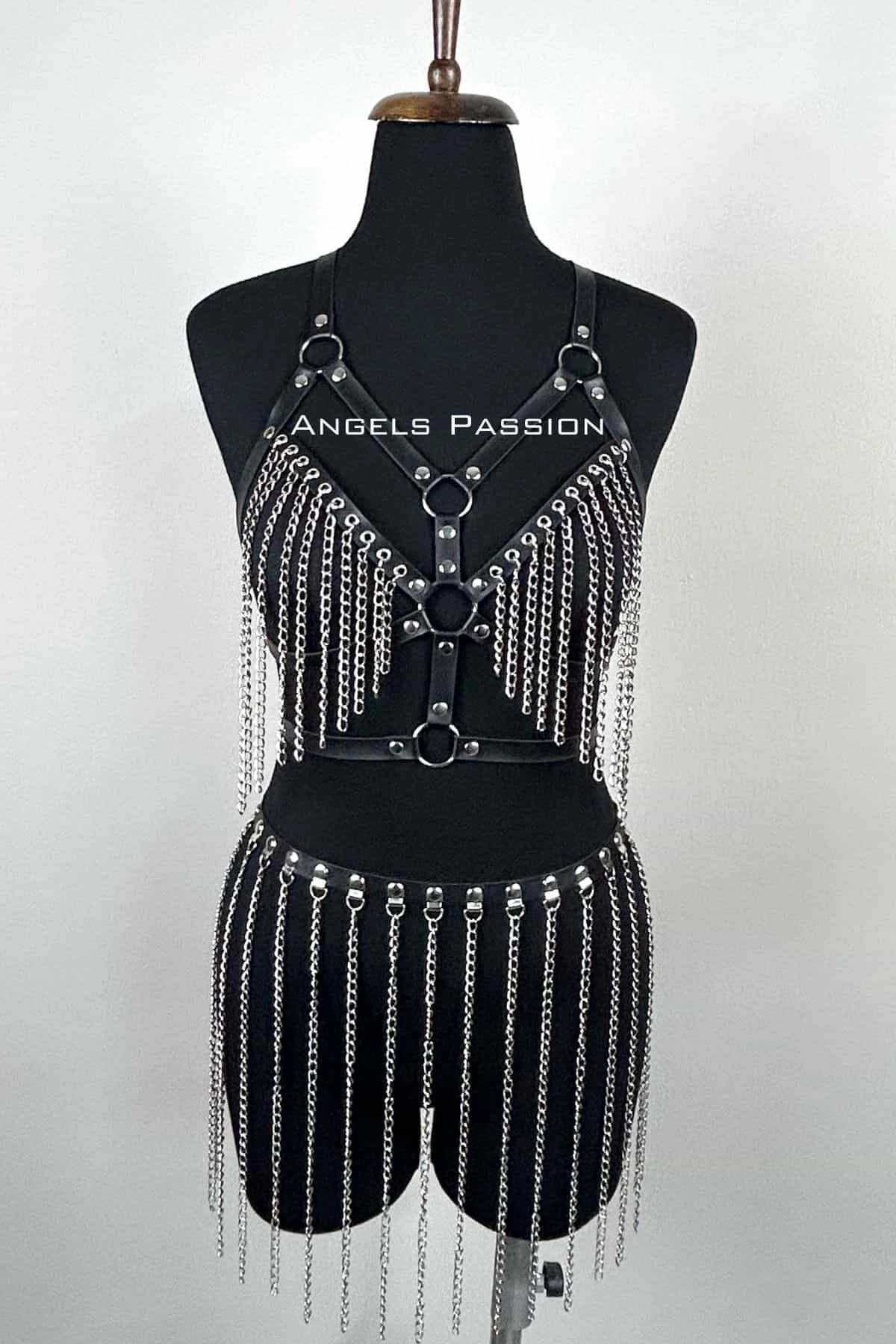 Zincirli Harness Takım, Deri Zincirli Etek Takım - Brf496