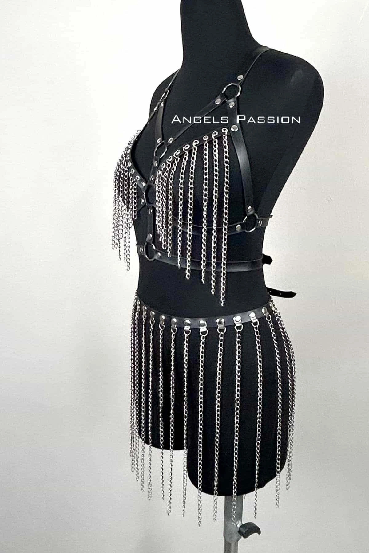 Zincirli Harness Takım, Deri Zincirli Etek Takım - Brf496