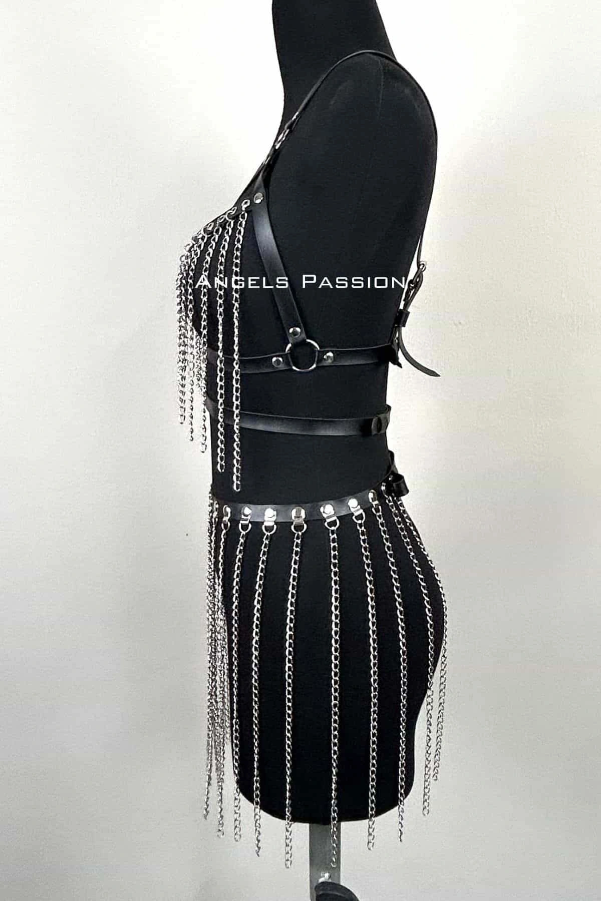 Zincirli Harness Takım, Deri Zincirli Etek Takım - Brf496