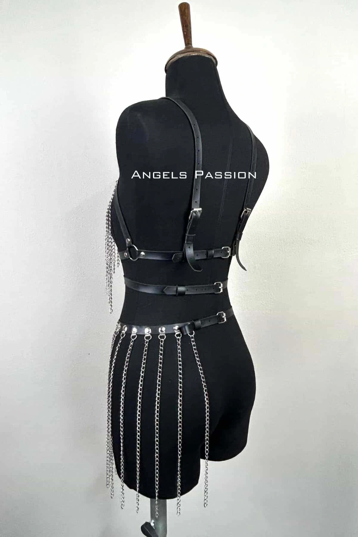 Zincirli Harness Takım, Deri Zincirli Etek Takım - Brf496