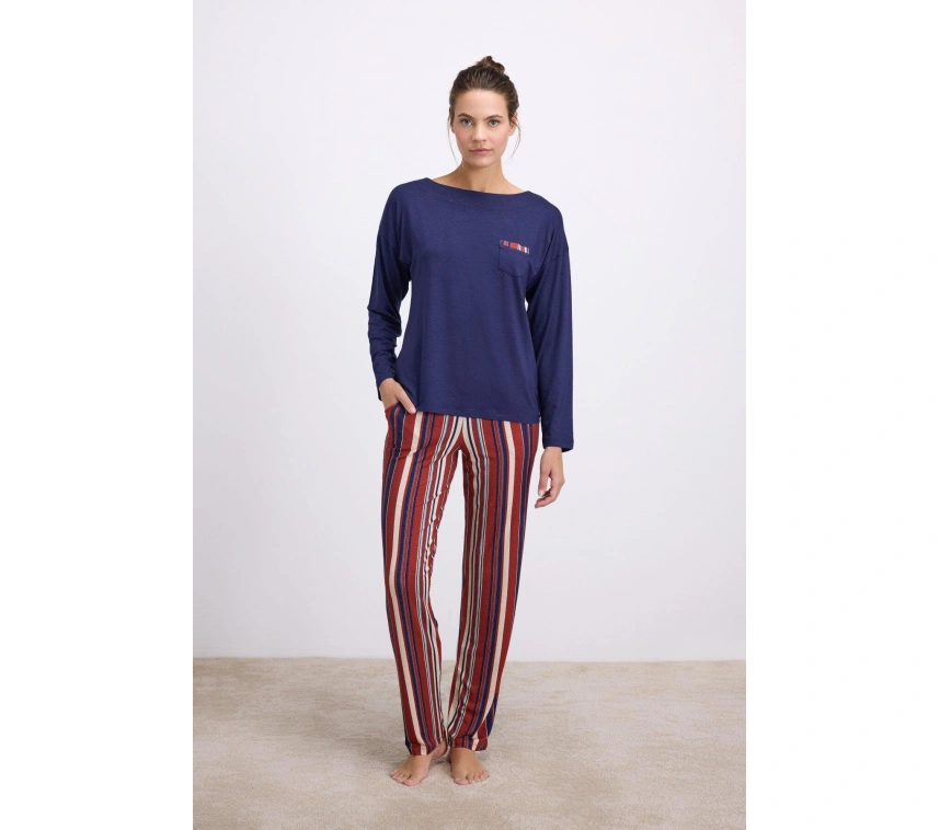 %100 Modal Lacivert Uzun Kollu T-shirt Ve Çizgili Pantolon Takımı