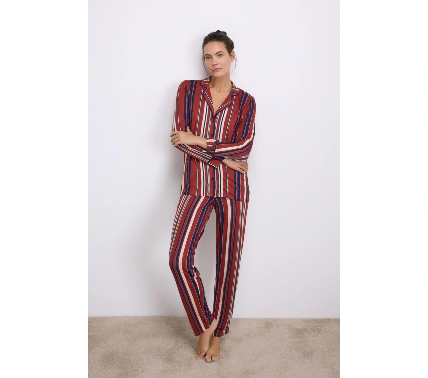 %100 Modal Uzun Kollu Düğmeli Çizgili Pijama Takımı