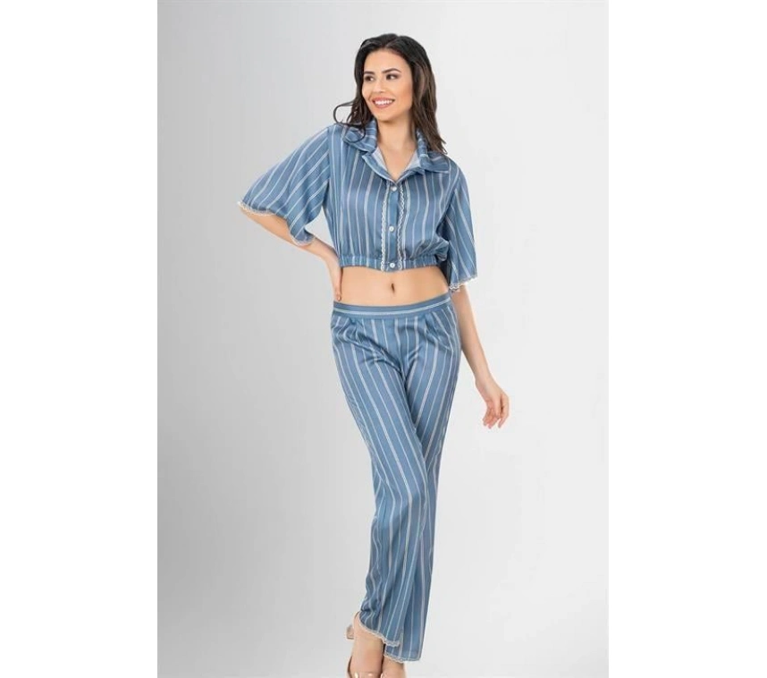 2li Desenli Saten Pijama Takımı