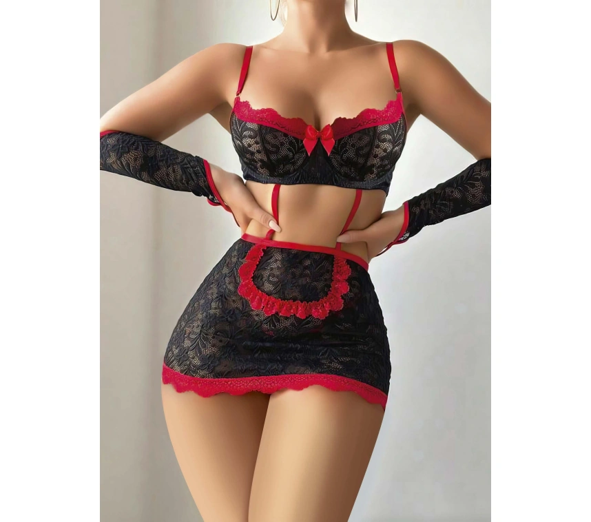 5 Parça Kırmızı Siyah Dantel Çiçek Desen Hizmetçi Model Özel Fantazi Tanga Hediyeli 3815