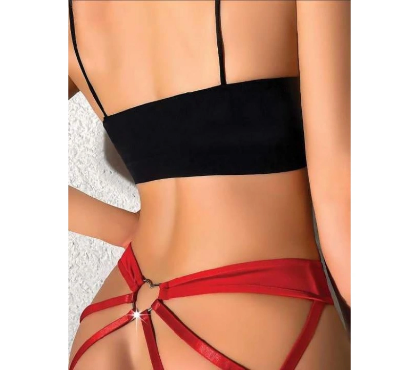 Arkası Şeritli Kalp Metal Aksesuarlı Fantezi Kırmızı String Tanga