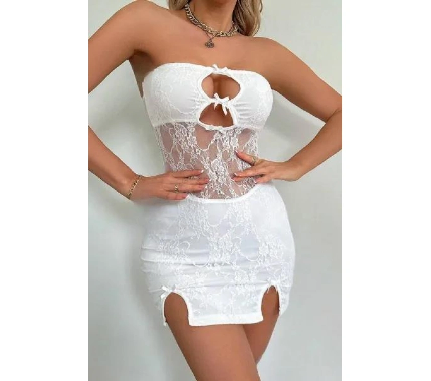 Beyaz Dantel İşlemeli Göğüs Dekolteli Seksi 5081