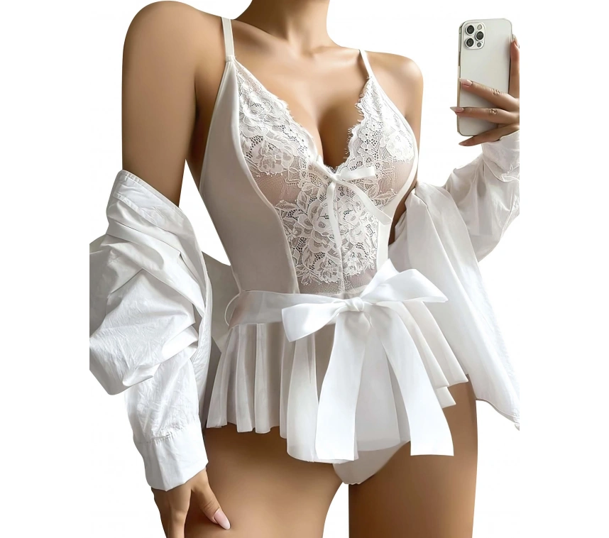 Beyaz Dantel İşlemeli Kurdelalı Fantezi Tül Babydoll