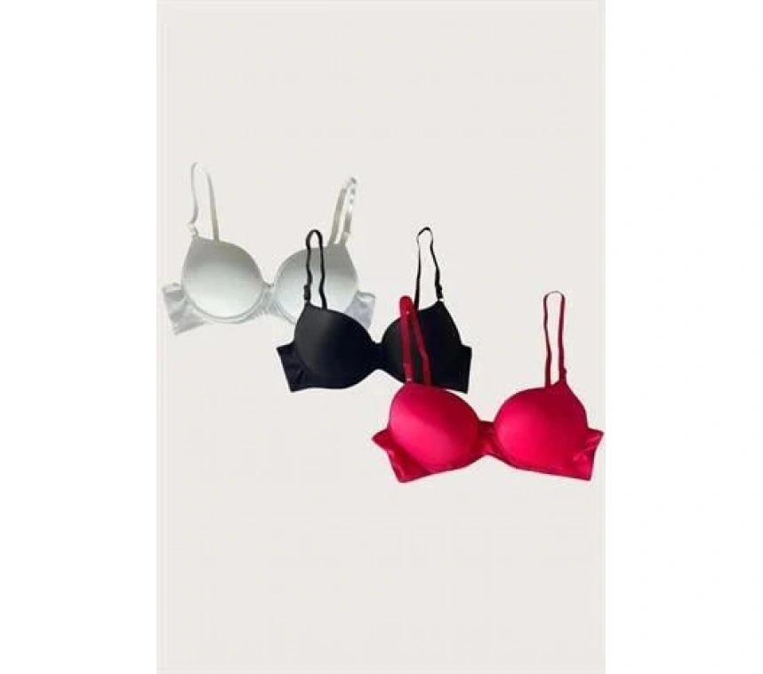 Beyaz-siyah-kırmızı 3lü Mikro Kumaş Push Up Dolgulu Balenli Günlük Destekli Sütyen